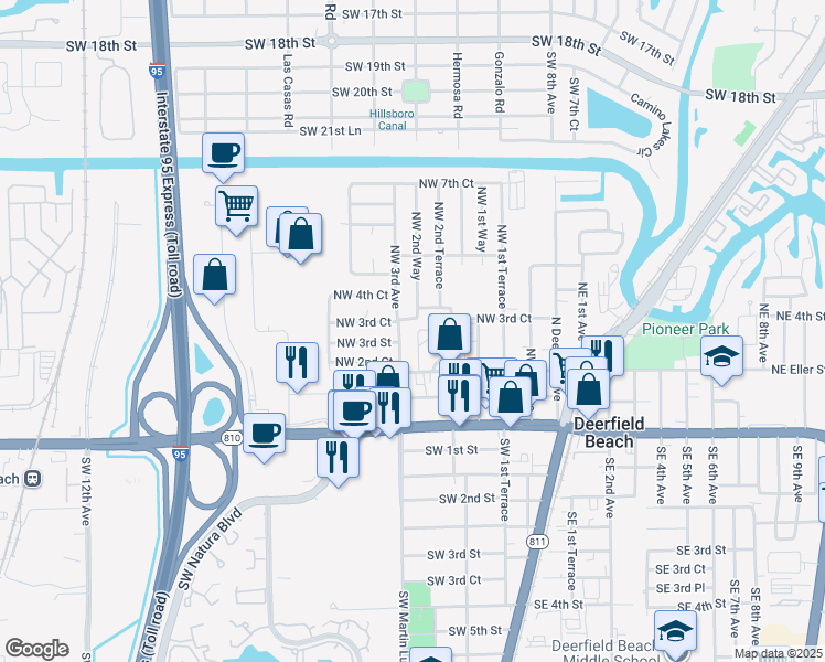 map of restaurants, bars, coffee shops, grocery stores, and more near 323 Northwest 3rd Terrace in Deerfield Beach