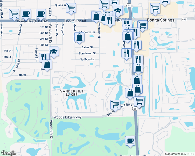 map of restaurants, bars, coffee shops, grocery stores, and more near 28575 Clinton Lane in Bonita Springs