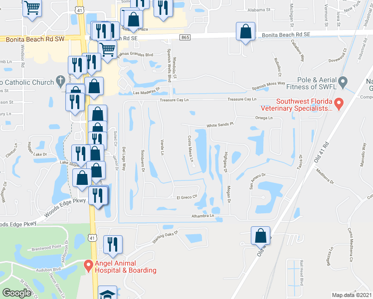 map of restaurants, bars, coffee shops, grocery stores, and more near 9851 Costa Mesa Lane in Bonita Springs