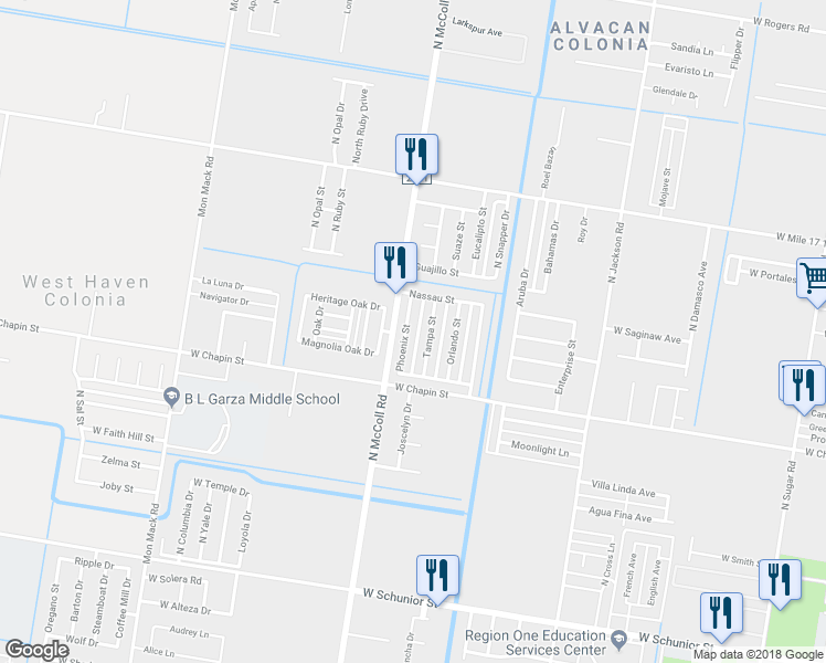 map of restaurants, bars, coffee shops, grocery stores, and more near 1601 Tampa Street in Edinburg