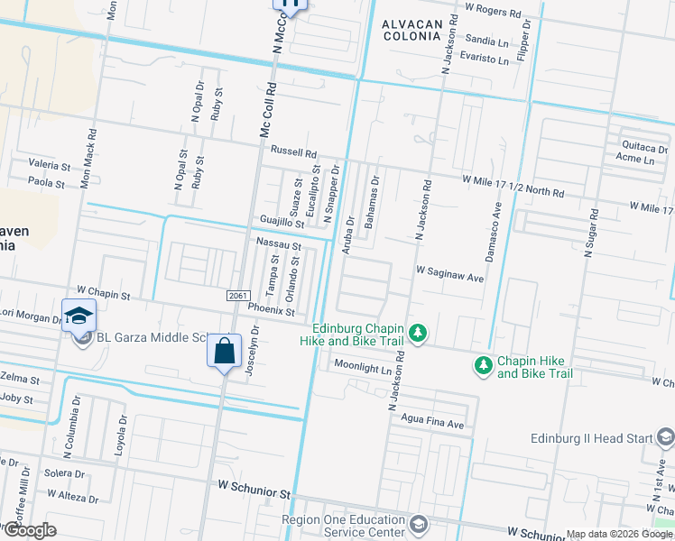 map of restaurants, bars, coffee shops, grocery stores, and more near 1611 Aruba Drive in Edinburg