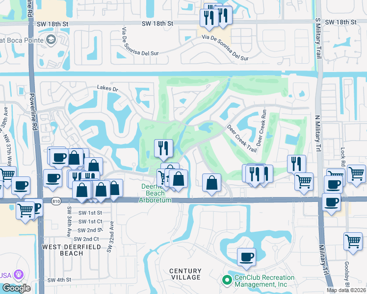 map of restaurants, bars, coffee shops, grocery stores, and more near 2691 Deer Creek Country Club Boulevard in Deerfield Beach