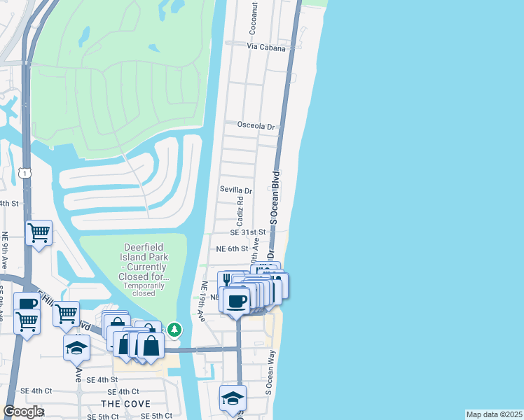 map of restaurants, bars, coffee shops, grocery stores, and more near 2929 South Ocean Boulevard in Boca Raton