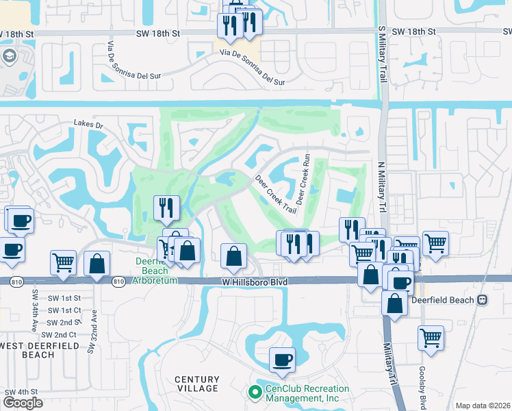map of restaurants, bars, coffee shops, grocery stores, and more near 2306 Deer Creek Trail in Deerfield Beach