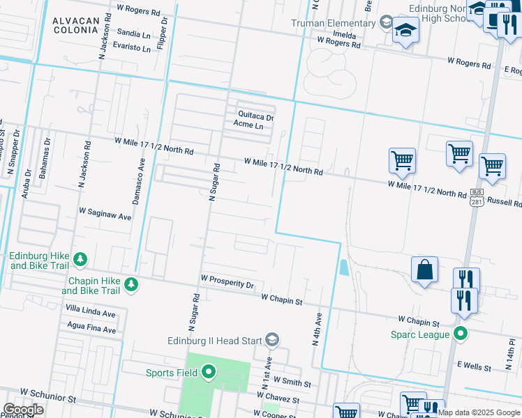 map of restaurants, bars, coffee shops, grocery stores, and more near 1302 Carolina Avenue in Edinburg