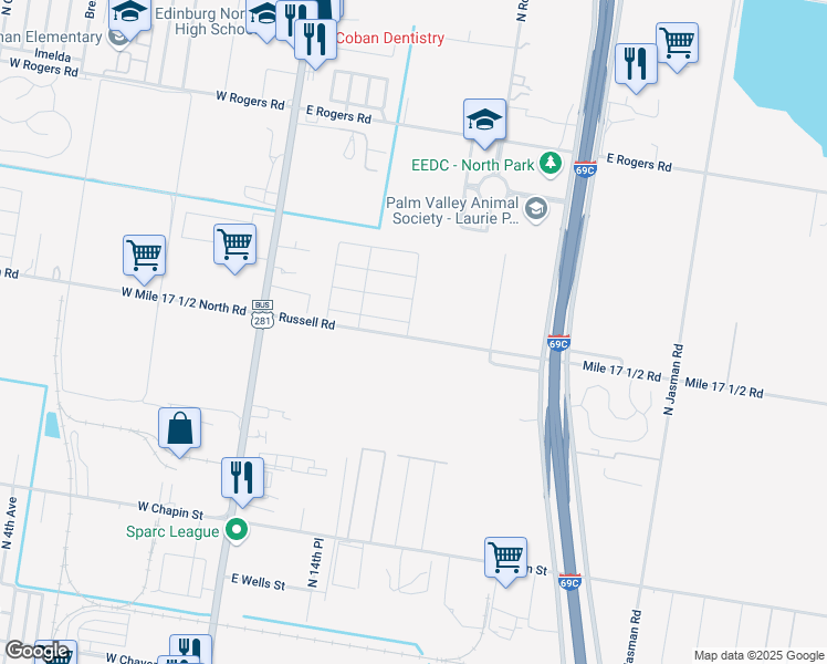 map of restaurants, bars, coffee shops, grocery stores, and more near 2202 Rocky Mountain Avenue in Edinburg