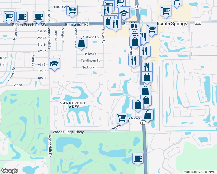 map of restaurants, bars, coffee shops, grocery stores, and more near 28320 Hidden Lake Drive in Bonita Springs