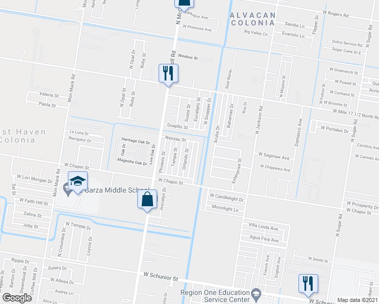 map of restaurants, bars, coffee shops, grocery stores, and more near 1616 Orlando Street in Edinburg