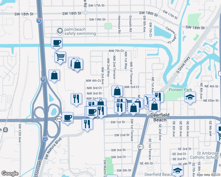 map of restaurants, bars, coffee shops, grocery stores, and more near 377 Northwest 2nd Way in Deerfield Beach