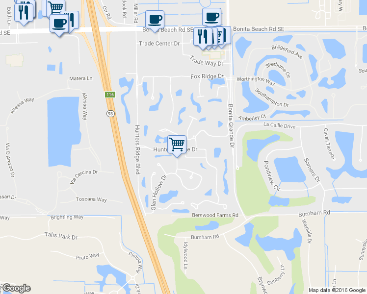 map of restaurants, bars, coffee shops, grocery stores, and more near 12655 Hunters Ridge Drive in Bonita Springs
