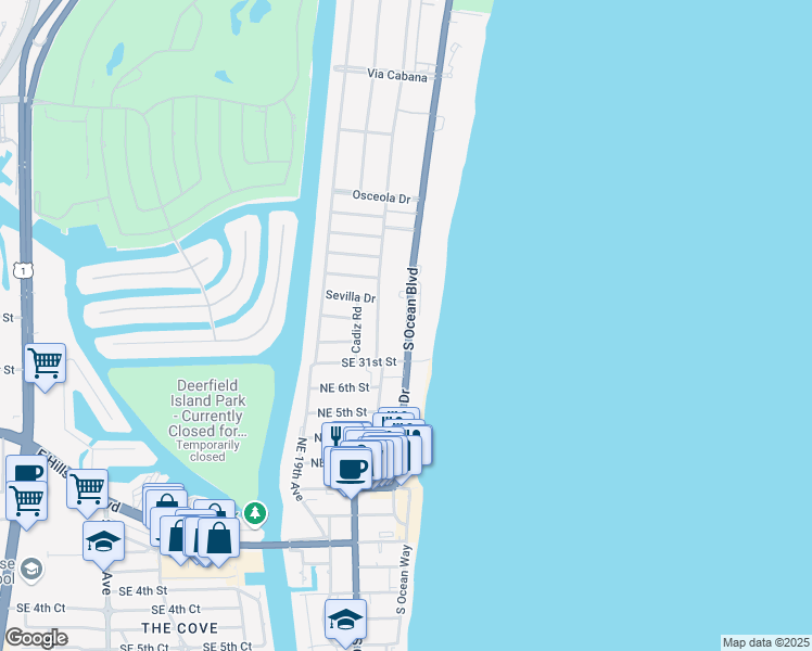 map of restaurants, bars, coffee shops, grocery stores, and more near 2929 South Ocean Boulevard in Boca Raton