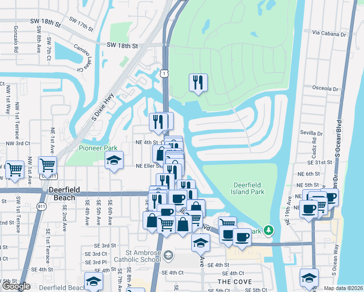 map of restaurants, bars, coffee shops, grocery stores, and more near 230 North Federal Highway in Deerfield Beach