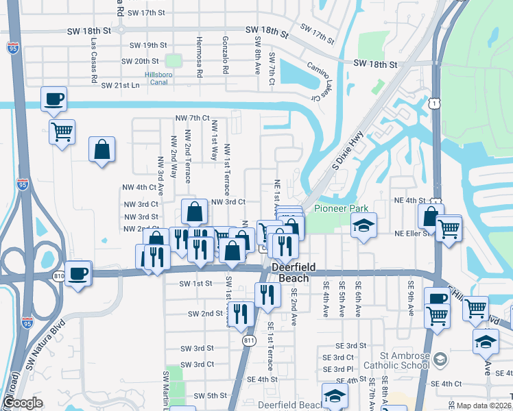 map of restaurants, bars, coffee shops, grocery stores, and more near 340 North Deerfield Avenue in Deerfield Beach