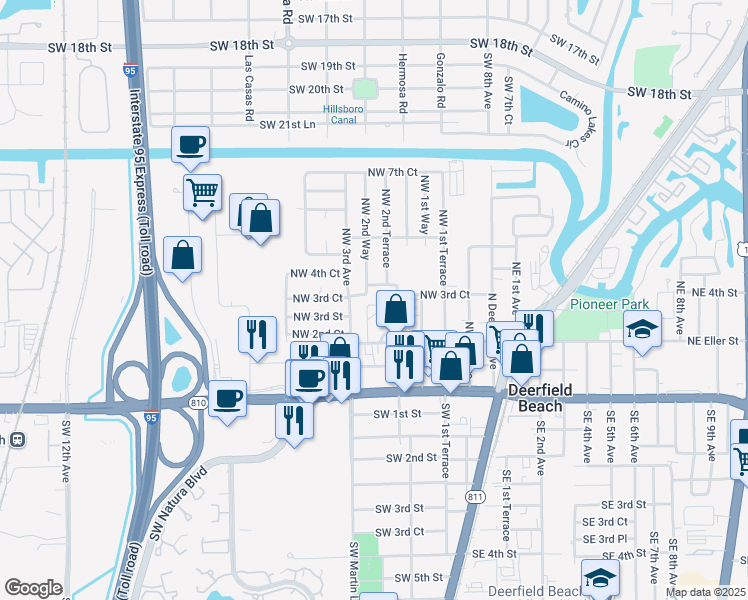 map of restaurants, bars, coffee shops, grocery stores, and more near 323 Northwest 3rd Terrace in Deerfield Beach