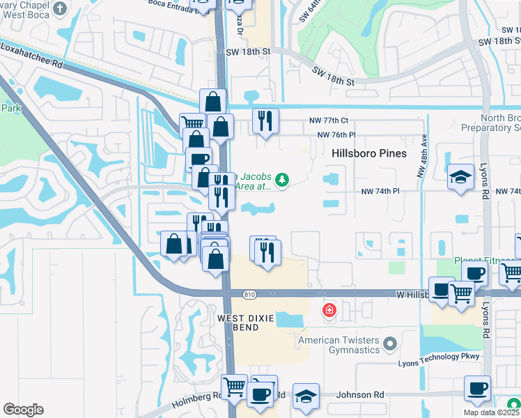 map of restaurants, bars, coffee shops, grocery stores, and more near 5800 Northwest 74th Place in Coconut Creek