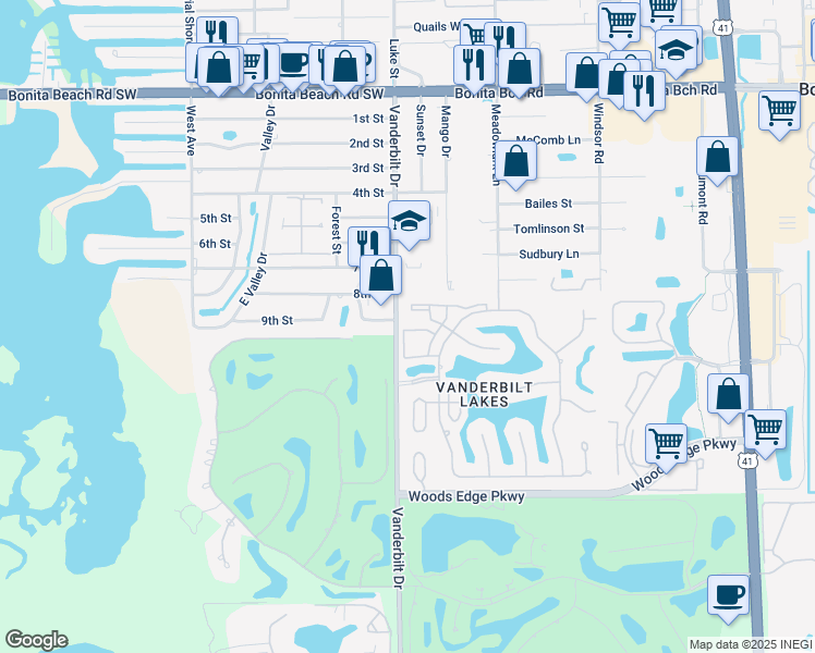 map of restaurants, bars, coffee shops, grocery stores, and more near 121 Audubon Boulevard in Naples