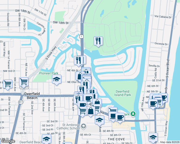 map of restaurants, bars, coffee shops, grocery stores, and more near 230 North Federal Highway in Deerfield Beach