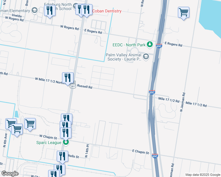 map of restaurants, bars, coffee shops, grocery stores, and more near 2202 Rocky Mountain Avenue in Edinburg