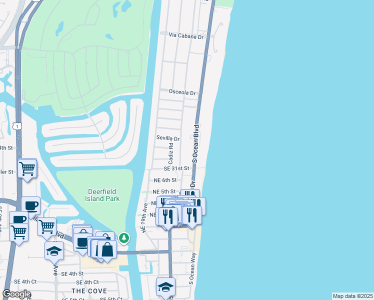map of restaurants, bars, coffee shops, grocery stores, and more near 2929 South Ocean Boulevard in Boca Raton