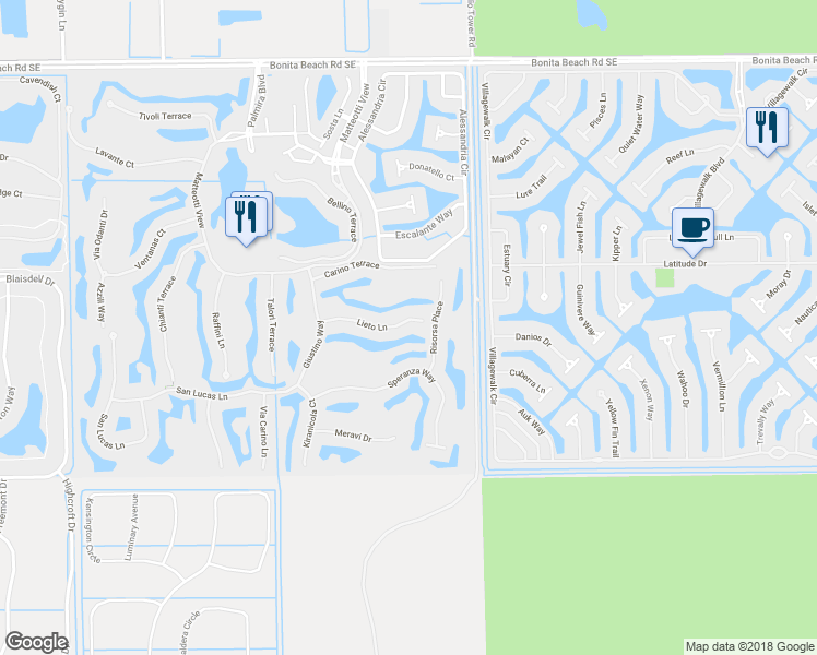 map of restaurants, bars, coffee shops, grocery stores, and more near 14555 Lieto Lane in Bonita Springs