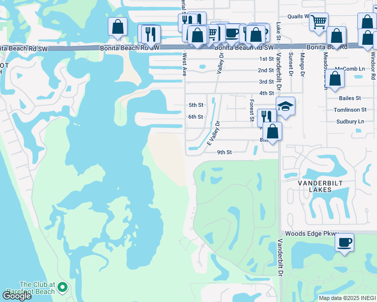 map of restaurants, bars, coffee shops, grocery stores, and more near 972 East Valley Drive in Bonita Springs