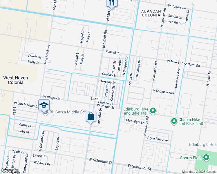 map of restaurants, bars, coffee shops, grocery stores, and more near 1601 Tampa Street in Edinburg