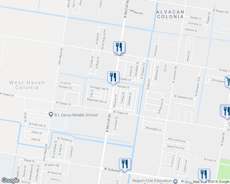 map of restaurants, bars, coffee shops, grocery stores, and more near 1613 Phoenix Street in Edinburg