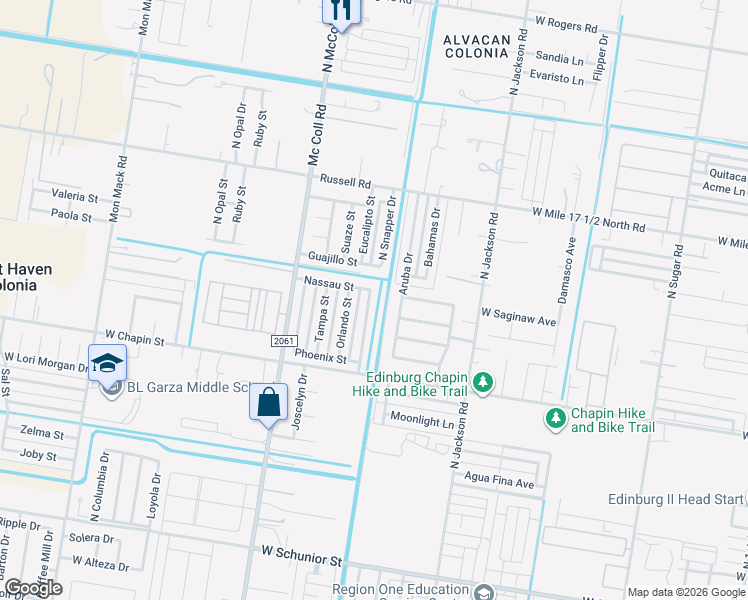 map of restaurants, bars, coffee shops, grocery stores, and more near 1611 Aruba Drive in Edinburg