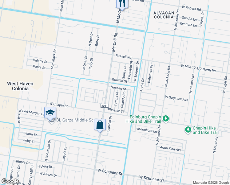 map of restaurants, bars, coffee shops, grocery stores, and more near 1601 Tampa Street in Edinburg