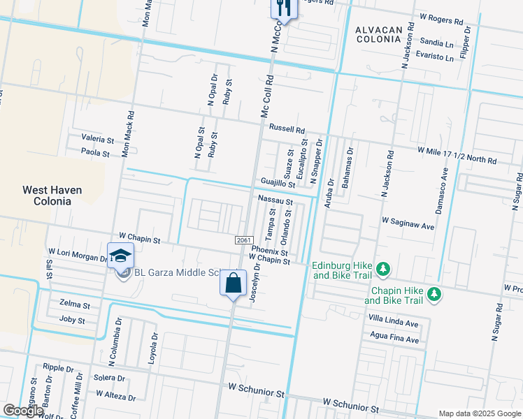 map of restaurants, bars, coffee shops, grocery stores, and more near 1620 Phoenix Street in Edinburg