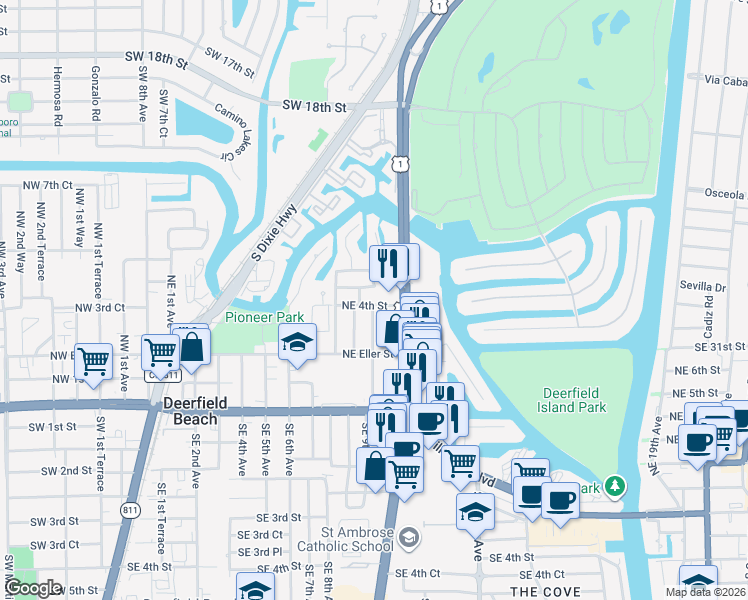 map of restaurants, bars, coffee shops, grocery stores, and more near 231 Northeast 9th Avenue in Deerfield Beach