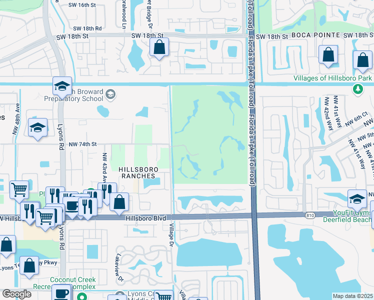 map of restaurants, bars, coffee shops, grocery stores, and more near Northwest 74th Street in Coconut Creek