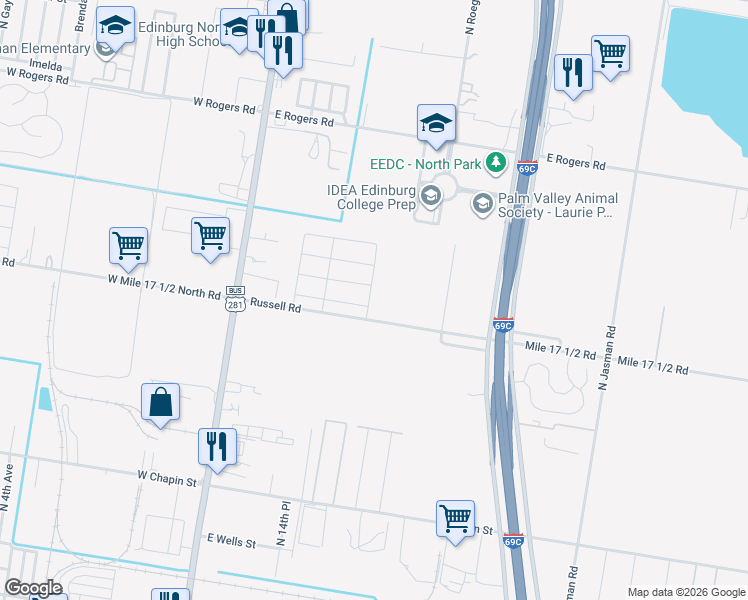 map of restaurants, bars, coffee shops, grocery stores, and more near 2202 Rocky Mountain Avenue in Edinburg