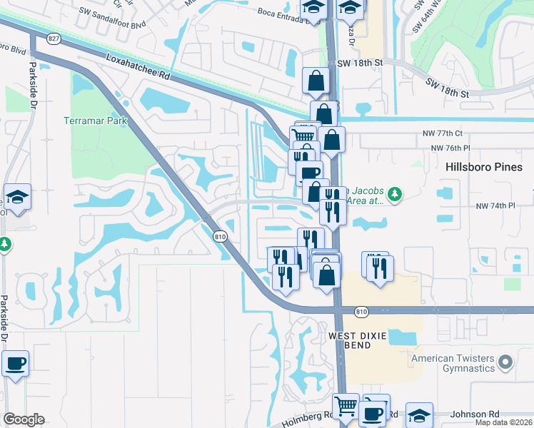 map of restaurants, bars, coffee shops, grocery stores, and more near 6007 Northwest 73rd Court in Parkland