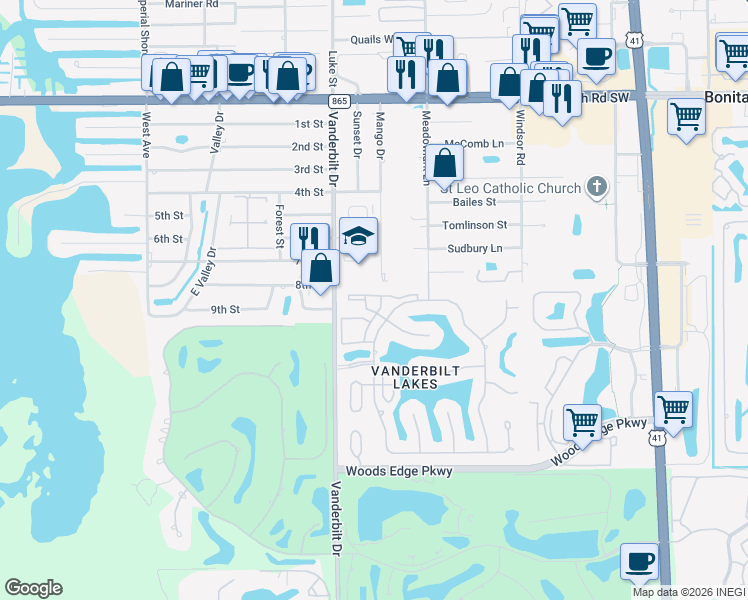 map of restaurants, bars, coffee shops, grocery stores, and more near 3940 Leeward Passage Court in Bonita Springs