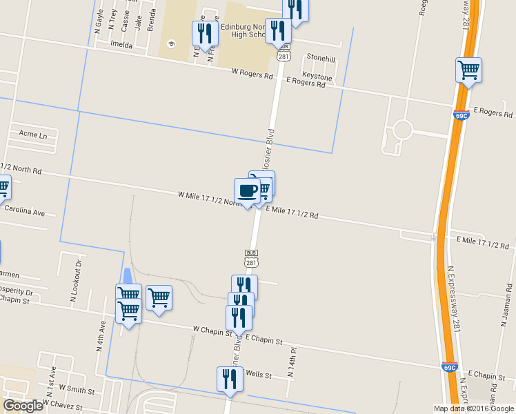 map of restaurants, bars, coffee shops, grocery stores, and more near 16 West Mile 17 1/2 North Road in Edinburg