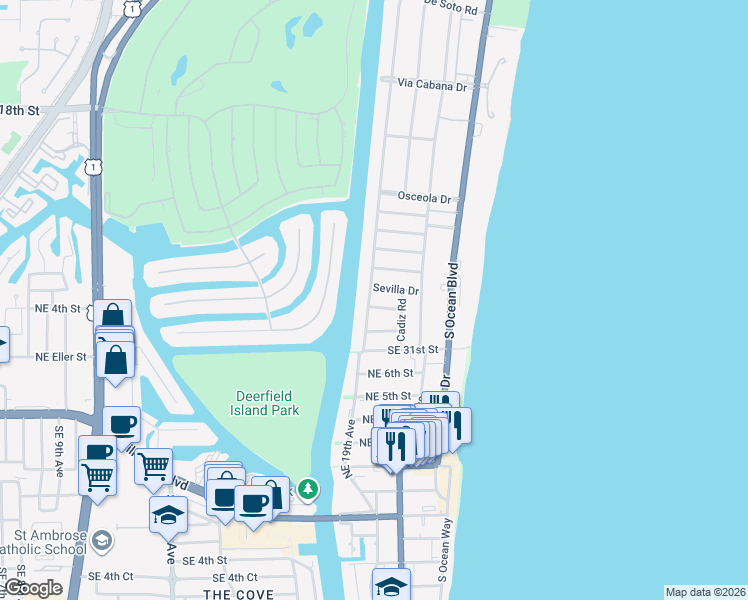 map of restaurants, bars, coffee shops, grocery stores, and more near 2840 Spanish River Road in Boca Raton