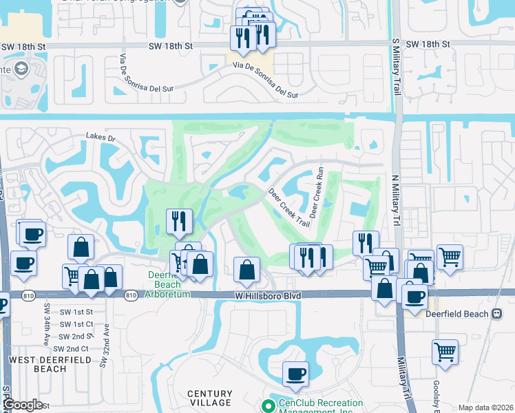 map of restaurants, bars, coffee shops, grocery stores, and more near 2445 Lakes Drive in Deerfield Beach