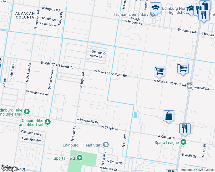 map of restaurants, bars, coffee shops, grocery stores, and more near 2104 Garden Ridge Drive in Edinburg