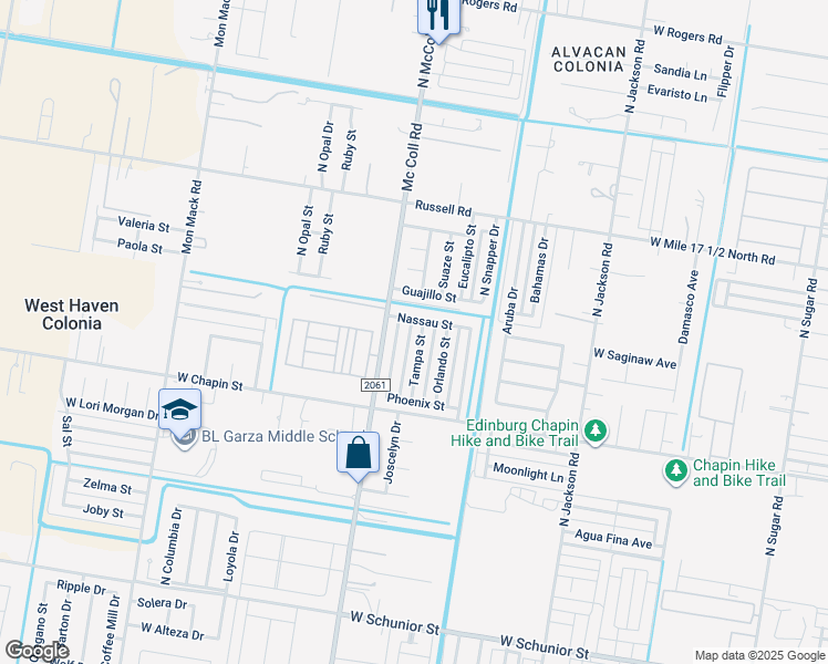 map of restaurants, bars, coffee shops, grocery stores, and more near 2807 Nassau Street in Edinburg