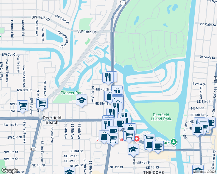 map of restaurants, bars, coffee shops, grocery stores, and more near 401 North Federal Highway in Deerfield Beach