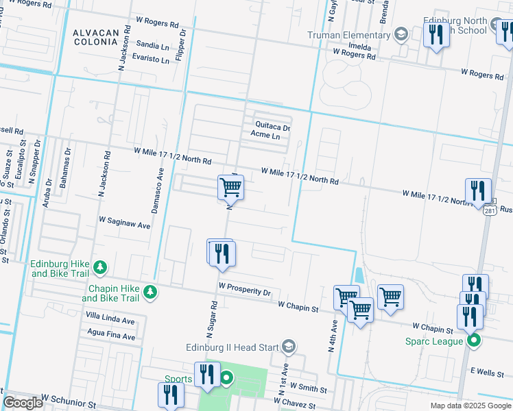 map of restaurants, bars, coffee shops, grocery stores, and more near 1419 Carolina Avenue in Edinburg