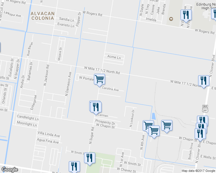 map of restaurants, bars, coffee shops, grocery stores, and more near 1419 Carolina Avenue in Edinburg