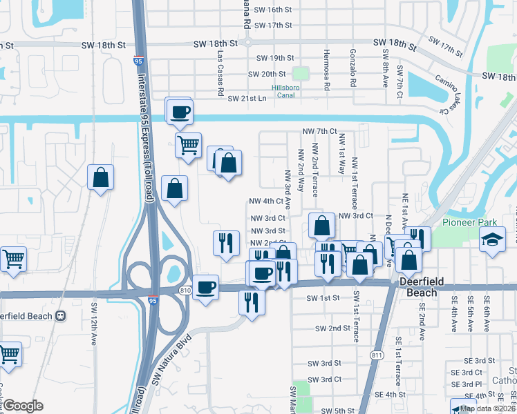 map of restaurants, bars, coffee shops, grocery stores, and more near 381 Northwest 4th Court in Deerfield Beach