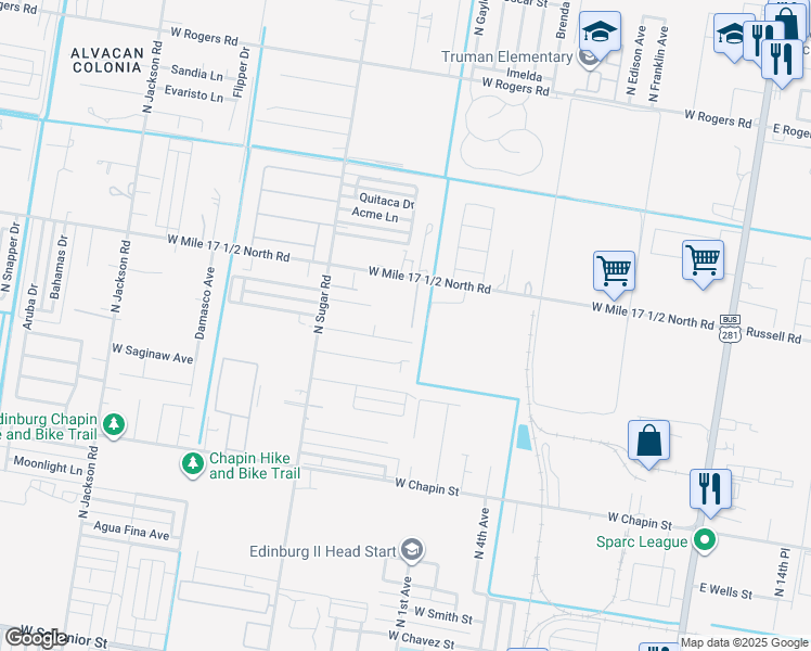 map of restaurants, bars, coffee shops, grocery stores, and more near 1304 West Russel Road in Edinburg