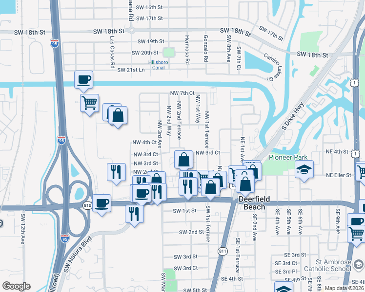 map of restaurants, bars, coffee shops, grocery stores, and more near 440 Northwest 2nd Terrace in Deerfield Beach