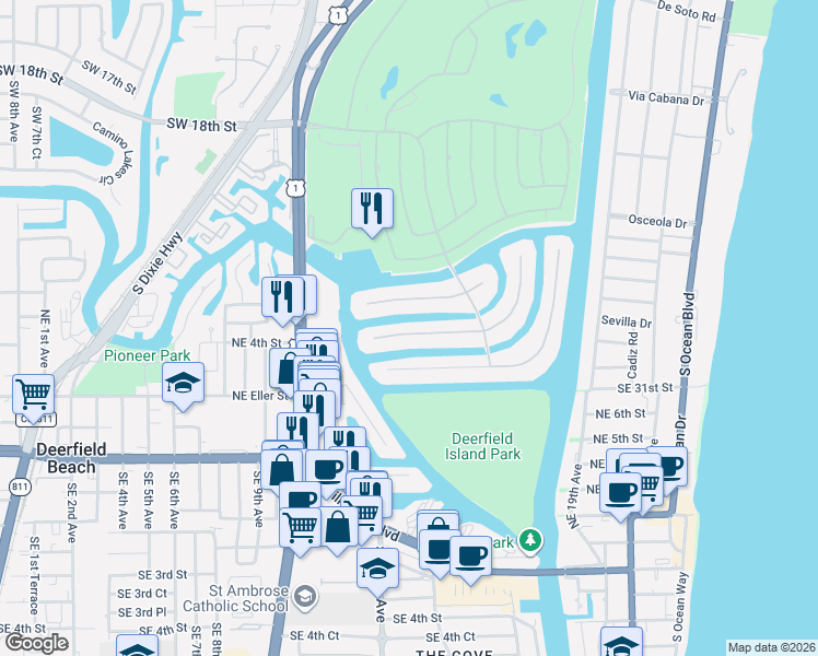 map of restaurants, bars, coffee shops, grocery stores, and more near 212 West Key Palm Road in Boca Raton