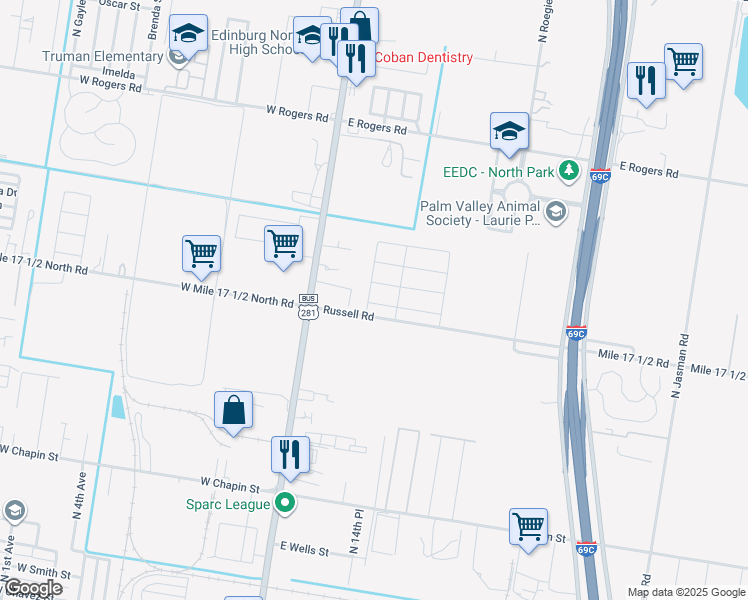 map of restaurants, bars, coffee shops, grocery stores, and more near 1420 South Closner Boulevard in Edinburg