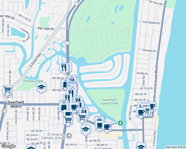 map of restaurants, bars, coffee shops, grocery stores, and more near 191 Coconut Palm Road in Boca Raton