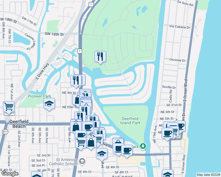map of restaurants, bars, coffee shops, grocery stores, and more near 212 West Key Palm Road in Boca Raton